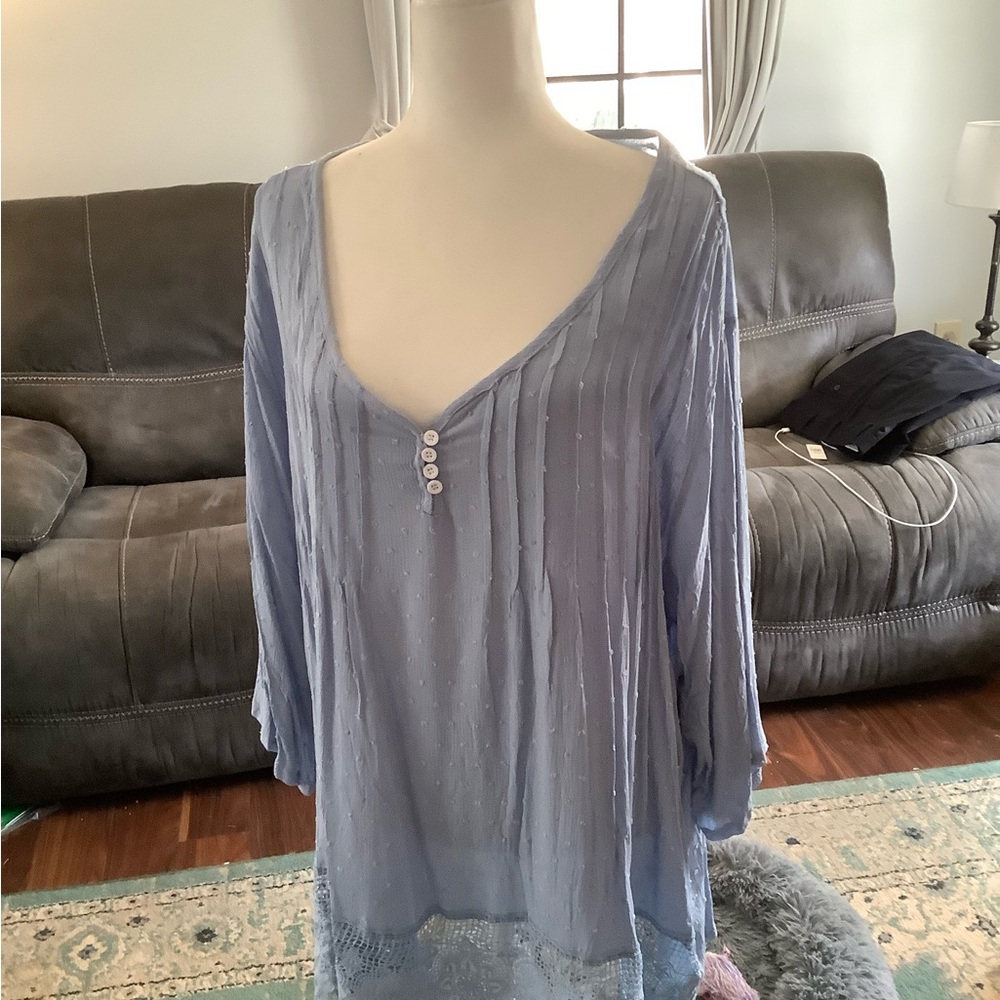 Light Blue Women's V-Neck Long Sleeve Tunic Top